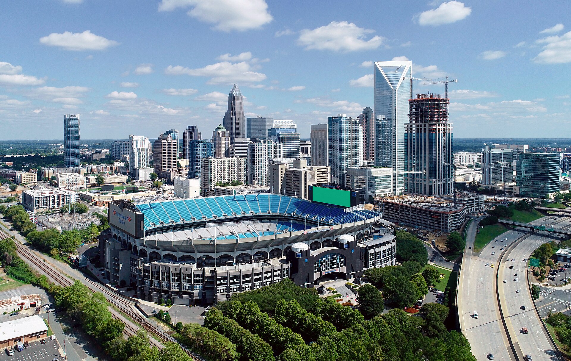 Uptown Charlotte skyline and Bank of America Stadium in North Carolina.
