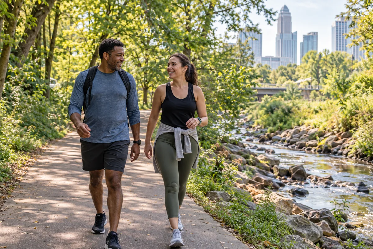 One adult man and one adult woman walking as friends along a Charlotte greenway, leafy deciduous trees and a small creek