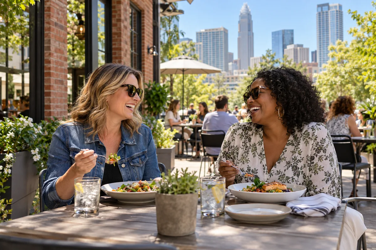 Two adult women sharing lunch at a Charlotte neighborhood restaurant with a sunny brick patio