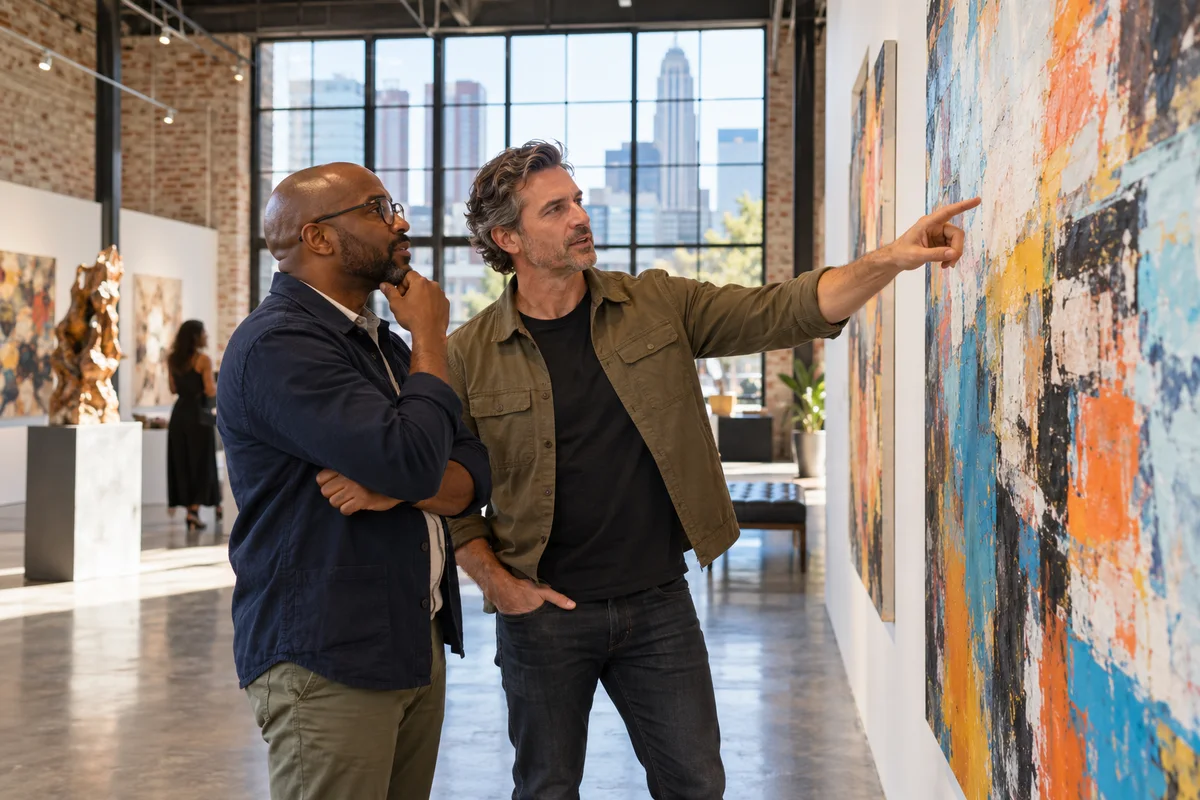 Two adult men examining a large abstract painting in a Charlotte arts-district gallery with industrial windows