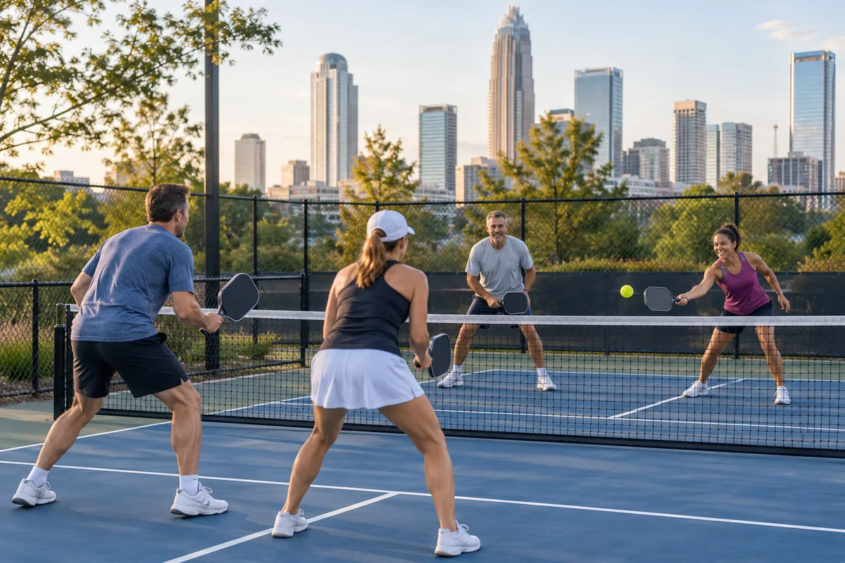 Four adult friends, two men and two women, playing doubles pickleball on a Charlotte outdoor court, clear court lines, net, paddles and one ball, correctly spaced two people each side